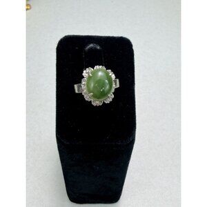 Vintage Green Cabochon Ring Silver Tone Floral Halo Setting Sz 6.75